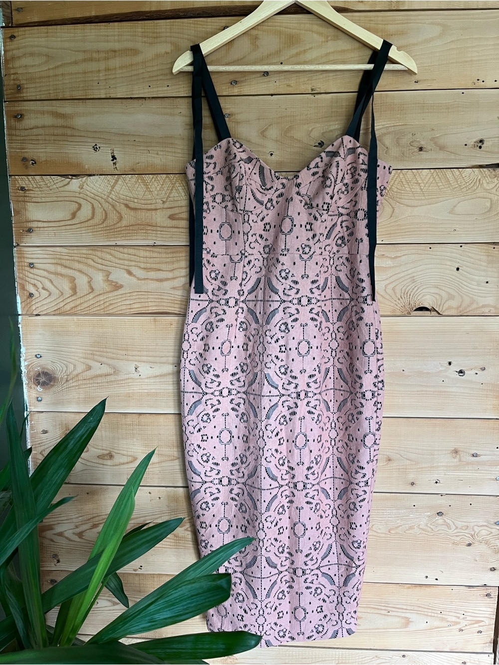 ASOS Pink/Nude Lace-Effect Midi Dress with Black Straps